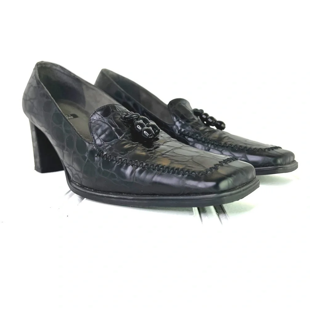 Stuart Weitzman black leather block heels square toe vintage animal prints 8.5 - Picture 14 of 14